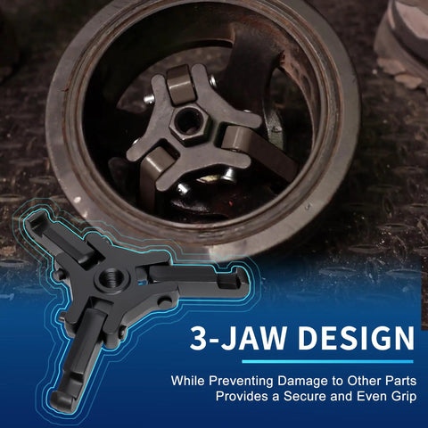 Heavy Duty Harmonic Balancer Puller Kit 3-Jaw Extractor in use, emphasizing secure grip for quick damper pulley removal.