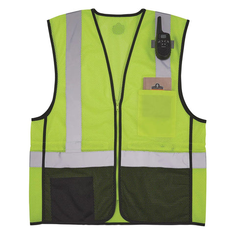 Rock Solid Class 2 High Visibility Safety Vest Featuring Hella Breathable Mesh Back And Sleek Black Front Zip Closure With Multiple Utility Pockets For Crews, front view with pockets.