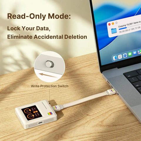 Classic Retro M2 NVMe PCIe Magnetic SSD Enclosure with LCD showing write protection switch next to laptop on wooden desk.