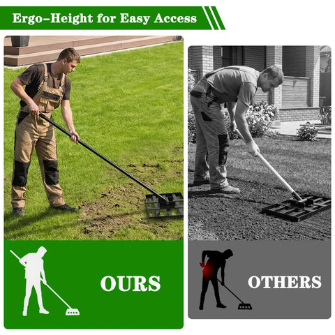 Comparison of two men using lawn rakes; left with Beefy Heavy Duty Lawn Leveling Rake 17 By 10 Inch Stainless Steel Landscape Rake, right with another rake.