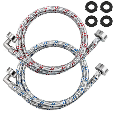 4 Ft Stainless Steel Washer Hoses With 90 Degree Elbows 2 Pack No Lead Burst Proof Hot And Cold Water Supply Lines For Washing Machines