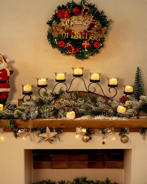 Decorated mantle with 12 Pack Flameless Tea Lights With Timer Auto On For 6 Hours, Off 18 Hours Everyday, Battery Operated, White Base