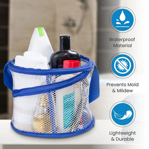 Foldable Shower Caddy Portable Organizer with Drainage Hole and Carry Handle, blue mesh with toiletries
