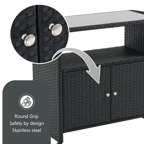 Outdoor Rolling Bar Cart With Storage Cabinet And Tempered Glass Top PE Rattan Grill Cart with round grip stainless steel knobs.