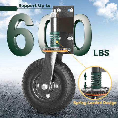 Tough As Nails Eight Inch Gate Wheels With Spring Suspension for Fence and Yard Doors featuring 600 lbs support and spring loaded design.