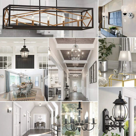 Various indoor and outdoor lighting fixtures featuring dimmable E12 candelabra LED bulbs 60W incandescent equivalent 5000K daylight.