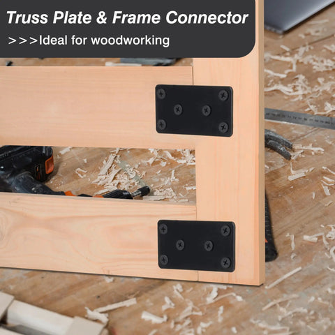 Heavy Duty Mending Plates And Black Corner Braces Built Tough As Nails For Furniture Repairs Or Woodworking Fixes Rust Resistant Coating Comes In 4 Pack With Screws on wooden frame.