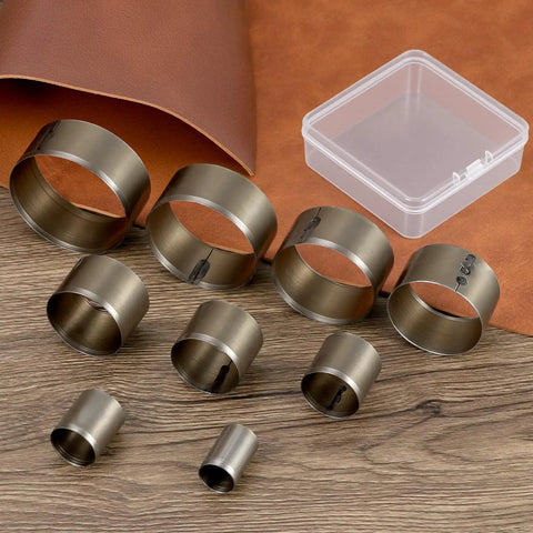 9 Piece Leather Circle Cutter Set 15 To 55 mm Pro Grade Hollow Hole Punch Kit for crafting, shown with storage box on wood surface
