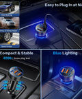 Usb C Car Charger Featuring 90W Fast Charging Multi Port Cigarette Lighter Adapter with blue lighting in vehicle