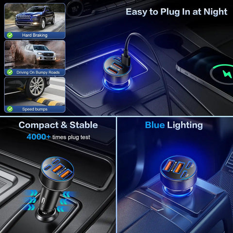 Usb C Car Charger Featuring 90W Fast Charging Multi Port Cigarette Lighter Adapter with blue lighting in vehicle