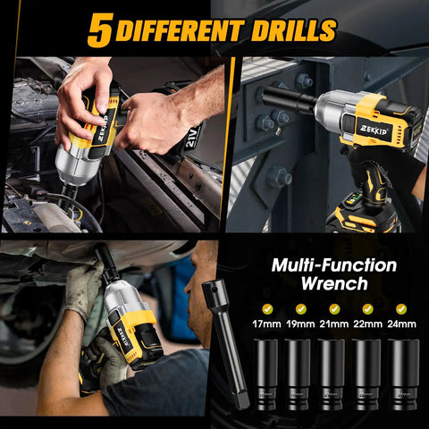 Daily Driver Half Inch Cordless Impact Wrench Kicks Loose Rusted Bolts Using A Smooth Brushless Motor Producing Nine Hundred Fifty Eight Foot Pounds Of Torque Includes Dual Heavy Duty Batteries And Fast Charger For Home Builds, showing different uses in vehicle maintenance.