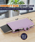 Pop Up Wallet For Women With RFID Blocking Slim Card Holder showing dimensions and pop-up card feature on wooden table