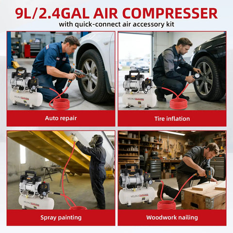 Ultra Quiet 1.5 HP Air Compressor With 2.4 Gallon Steel Tank Operates At Just 60 Dba Noise Level Perfect For Fine Detail Spray Painting Auto Garage Work And Woodworking Nailing Tasks Oil Free Piston Pump Design