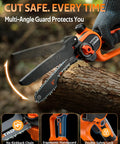 2 In 1 Mini Chainsaw Kit: 6 Inch And 8 Inch Cordless Electric Chainsaws demonstrating cutting a log with safety features visible.