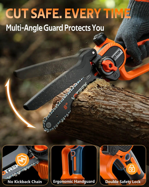 2 In 1 Mini Chainsaw Kit: 6 Inch And 8 Inch Cordless Electric Chainsaws demonstrating cutting a log with safety features visible.