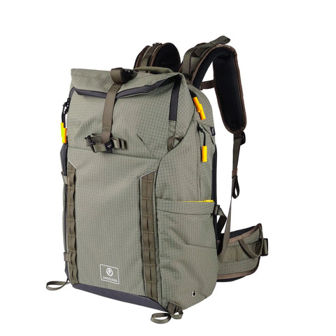 Front view of 35L Hiking Camera Backpack With Removable Inner Insert For Pro DSLR With Grip And Five To Six Lenses Up To 300Mm F2.8 Or One Hundred Fifty To Six Hundred Millimeter Carries 15 Inch Laptop And 10 Inch Tablet Dual Tripod Carry Top Daypack Green