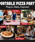 14 Inch Electric Indoor Pizza Oven With Stone For Crispy Crust Pizza in use at RV, potluck, campsite, dorm room scenes