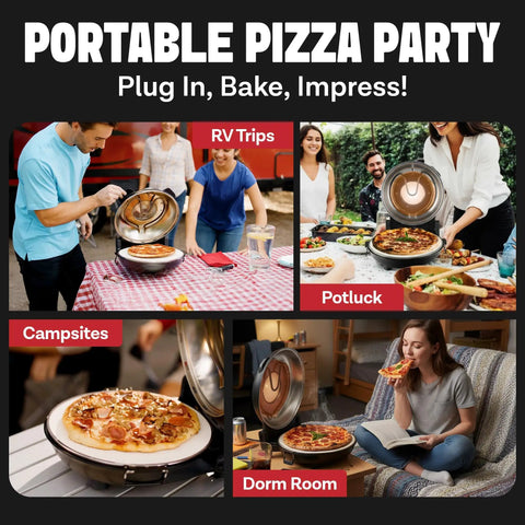 14 Inch Electric Indoor Pizza Oven With Stone For Crispy Crust Pizza in use at RV, potluck, campsite, dorm room scenes