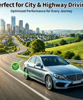 Gas Saver And Fuel Sync Device For Cars And Trucks Enhance Fuel Economy And Throttle Response Easy Plug In Automotive Fuel Saver For All Vehicles Save More Gas Per Tank With This Practical Fuel Efficiency Upgrade showcased with a car driving in a city and highway setting.