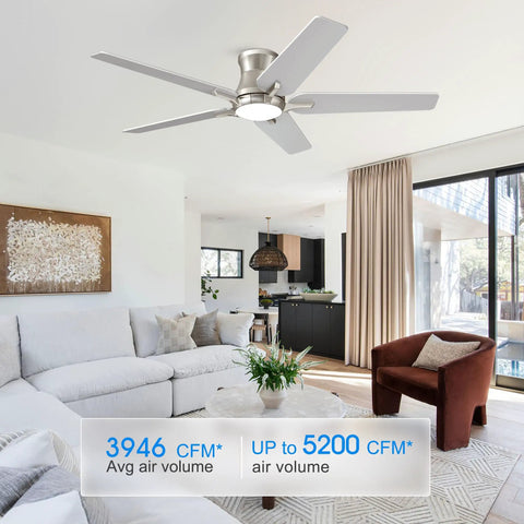 Slick 52 Inch Flush Mount Ceiling Fan With Bright Dimmable Lights And Wireless Remote Quiet Six Speed Brushed Nickel Low Profile Design For Bedroom And Patio Runs Solid With Zero Stress Cool Energy Etl Certified in modern living room.