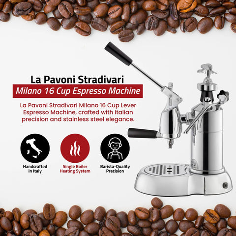 Heavy Hitter 54 Oz Manual Lever Espresso Machine Featuring Chrome And Walnut Finish Curved Portafilter Single Boiler For Barista Grade Brews At Home Made In Italy with coffee beans background.