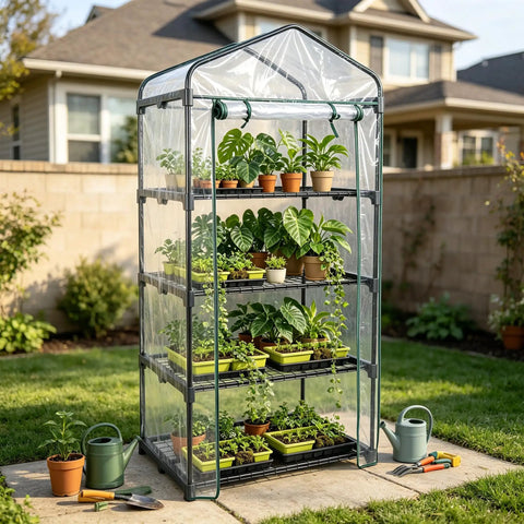 Four Tier Mini Greenhouse With Clear PVC Cover And Steel Frame Portable Plug And Play Indoor Outdoor Grow House For Seedlings Herbs And Small Plants Easy Setup And Year Round Use