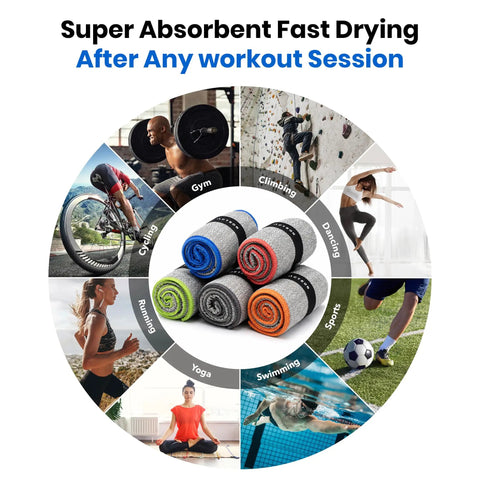 Level Up Your Grind With These 5 Pack Microfiber Gym Towels Quick Dry Silver Ion Odor Free Sweat Towel showing assorted colors and uses.