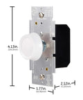 Two Pack 3 Way Rotating Dimmer Switch With Push On Off For Dimmable LED CFL And Incandescent Bulbs, Includes Two Knob Color Options In White And Light Almond, UL Listed, Easy Home Or Office Lighting Upgrade showing dimensions and design details.