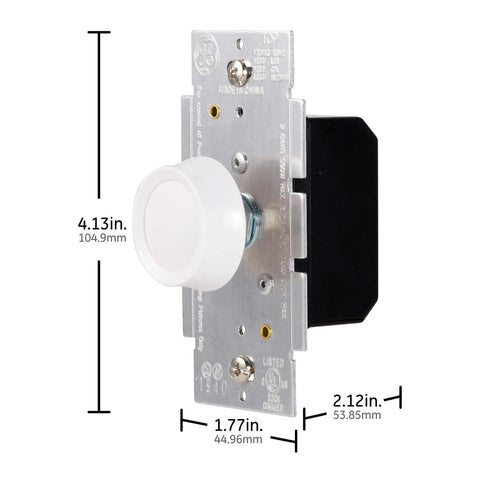 Two Pack 3 Way Rotating Dimmer Switch With Push On Off For Dimmable LED CFL And Incandescent Bulbs, Includes Two Knob Color Options In White And Light Almond, UL Listed, Easy Home Or Office Lighting Upgrade showing dimensions and design details.