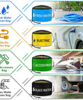 Diagram showing waterproof RV hose storage bags set of 4 with color-coded bags for organizing hoses and cords, alongside usage illustrations.