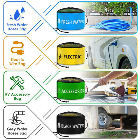 Diagram showing waterproof RV hose storage bags set of 4 with color-coded bags for organizing hoses and cords, alongside usage illustrations.
