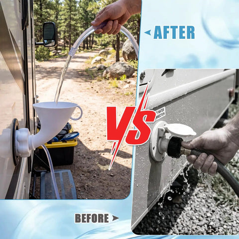 RV Water Inlet Funnel With 3.4 Inch Wide Mouth For Fast Fresh Water Tank Filling vs standard hose connection comparison