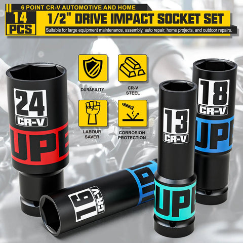 14 Piece 1/2 Inch Drive Impact Socket Set With 10-24mm Deep Sockets, Heat Treated CR-V Steel, Durable Storage Case, And 1/2 To 1/4 Inch Wrench Adapter, Metric 6 Point Sockets For Auto, Truck, And Home Projects