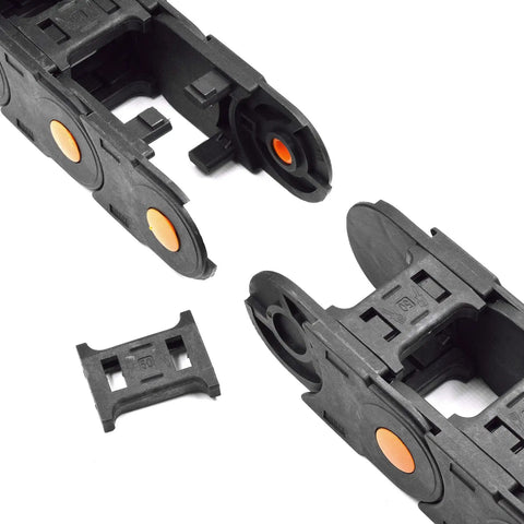 Open Type Drag Chain Cable Carrier With End Connectors R75 35x50mm, L1000mm Length, black plastic components detached