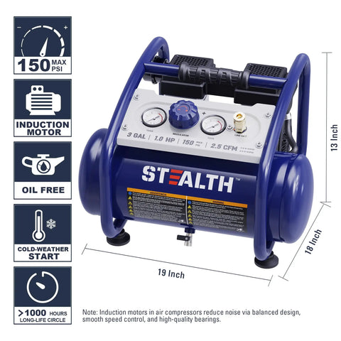 Stealth 3 Gallon Quiet Air Compressor Oil Free Portable Unit With High Pressure Output For Tire Inflation Auto Repair Woodwork Nailing And Home Tool Applications Made To Handle Tough Jobs Silently And Efficiently