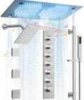 Game Changing Bathroom Shower System With 28 Inch Led Waterfall Head 64 Color Mood Lighting Bluetooth Speaker Dual Massage Sprays Brushed Nickel Ceiling Mount Setup For Sick Relaxing Vibes At Home showing ceiling mount with dual sprays and LED lights.