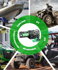 Beefy 3000 Lb ATV Winch With Wireless Remote And Wired Switch 12V DC Electric Winch With Synthetic Rope Fairlead And Mounting Plate For Easy Install And Universal Fit Perfect For Off Road Recovery. Mounted 3000 lb electric ATV winch with synthetic rope on off-road vehicle