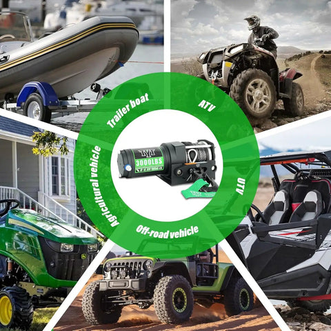 Beefy 3000 Lb ATV Winch With Wireless Remote And Wired Switch 12V DC Electric Winch With Synthetic Rope Fairlead And Mounting Plate For Easy Install And Universal Fit Perfect For Off Road Recovery. Mounted 3000 lb electric ATV winch with synthetic rope on off-road vehicle