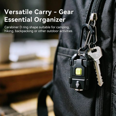 Ultra Bright 500 Lumen USB Rechargeable Small Flashlight Keychain Light attached to a backpack with keys