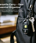 Pocket-Sized Keychain Flashlight 500 Lumens Ultra-Compact EDC Light attached to black backpack with keys