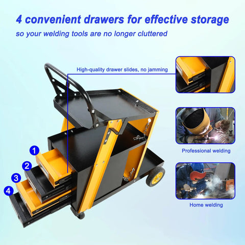 Heavy Duty Welding Cart With Two Tiers And 360 Degree Rolling Mobility Four Drawers And Tank Storage Safety Chains Built For TIG MIG And Plasma Cutter Tough As Nails Steel Construction 280 Pound Capacity Easy Roll Welder Organizer with four open drawers