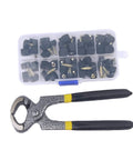 32 Pairs High Heel Tips Replacement Caps Kit For Women Pro Grade Durable TPU Iron Caps Nonslip Wearproof With 8 Sizes From 8 To 12.5 mm Stiletto Removal Pliers Dowels Repair Tool Set Easy Install shown with pliers and tip box.