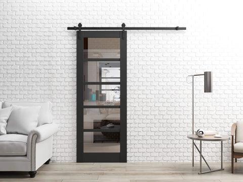 Interior Single Sliding Barn Door With Clear Glass And MDF, 42x80 Inches, Black, Modern Style, installed in living room.