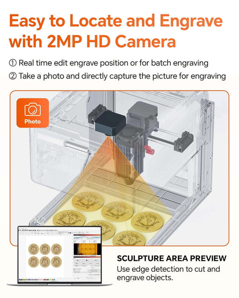 Carverall A1 Pro 10W laser engraver with camera, desktop unit engraving wood discs.