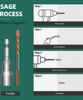Installation steps for 30 Piece Concrete Screw Set Beefy Heavy Duty With Drill Bit, showing drill, dust removal, screw driving, completion.