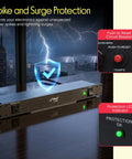 1U Rack Mount Power Conditioner Surge Protector With Seven Outlets showcases circuit breaker and LED indicator in a studio setup.