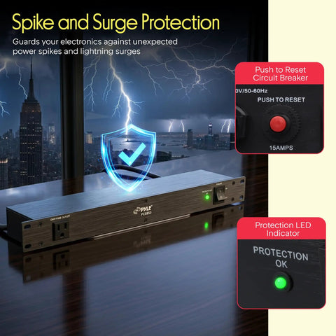 1U Rack Mount Power Conditioner Surge Protector With Seven Outlets showcases circuit breaker and LED indicator in a studio setup.