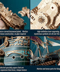 Close-up of Vintage Steampunk DIY Mechanical Model Kit for the Corsair Airship in Deep Green showing detailed wood engravings.