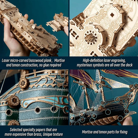 Close-up of Vintage Steampunk DIY Mechanical Model Kit for the Corsair Airship in Deep Green showing detailed wood engravings.