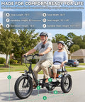 Two Seater Electric Tricycle For Adults With Peak 1500W Power Fat Tire Twenty Inch By Four Inch 48V 18Ah Battery Three Amp Charger Top Speed 15 MPH UL2849 Certified Long Range Up To 65 Miles Front Parking Brake Basket Differential, side view with two riders